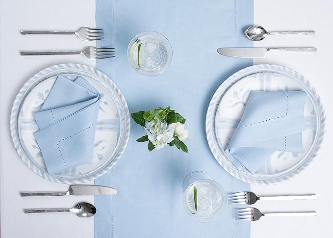 Solino Home Linen Hemstitch Table Runner 108 Inches Long - 100% Pure Linen Sky Blue Table Runner 14 x 108 Inch for Holiday - Classic Hemstitch