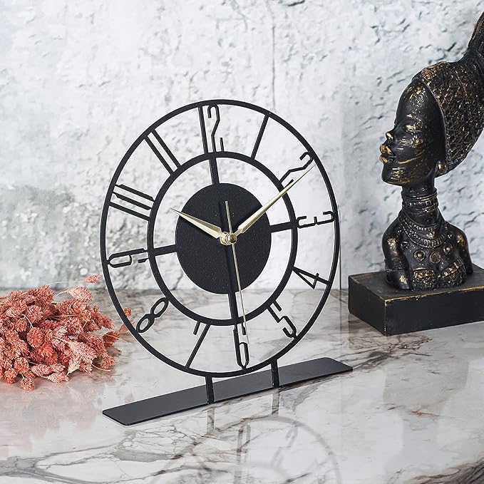 Metal Table Clock | 8.9 x 9.5 inch Size Round Silent Running Metal Black Clocks | Living Room and Bedside Suitable Table Decorations for Home and Office