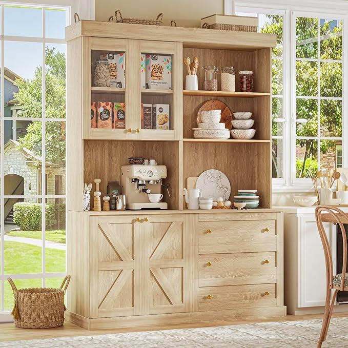 71" Brown Farmhouse Kitchen Pantry Cabinet Set of 3— Freestanding Coffee Bar with Glass Doors or Drawers, Microwave Stand, Large Storage Hutch with Adjustable Shelves for Kitchen, Living Room