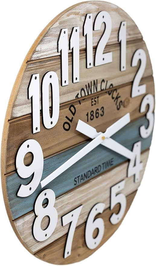24" Wooden Multi-Color Maritime Coastal Beach Large Number Wall Clock (Blue, 24 inch)