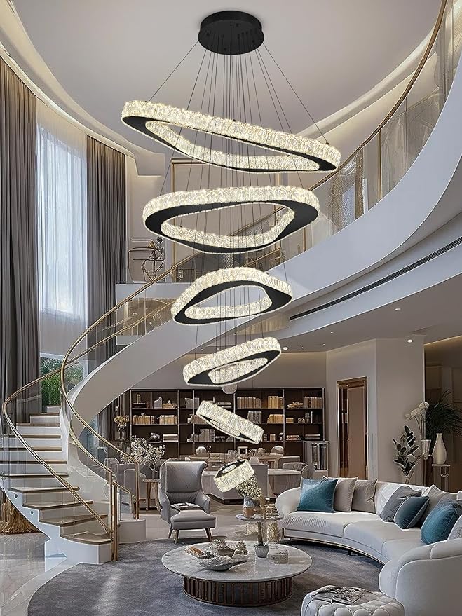 Modern Crystal Chandeliers for High Ceiling 6 Ring Chandelier LED Black Ceiling Lights Fixtures High Ceiling Chandelier for Foyer Staircase Living Room Dining Room 2700K-6000K