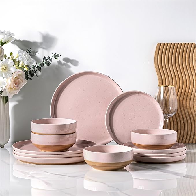 AmorArc Ceramic Dinnerware Sets for 4, 12 Pieces Handpainted Plates and Bowls Set with Rustic Terracotta Underside, Scratch Resistant Stoneware Dishes Set, Dishwasher & Microwave Safe, Cloud Pink