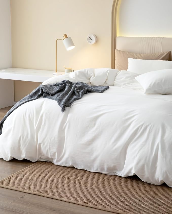 JIYUAN 100% Washed Cotton Duvet Cover Set 3 Pieces Oversized Queen, 1 Duvet Cover 98x98 Inches(Comforter Not Included) and 2 Pillowcases,Linen Feel Bedding Set Comfy and Breathable,Bright White