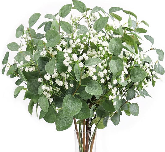 5pcs Eucalyptus Stems & 6pcs Babys Breath Artificial Flowers Faux Greenery Bouquets for Wedding Table Centerpiece Home Decor