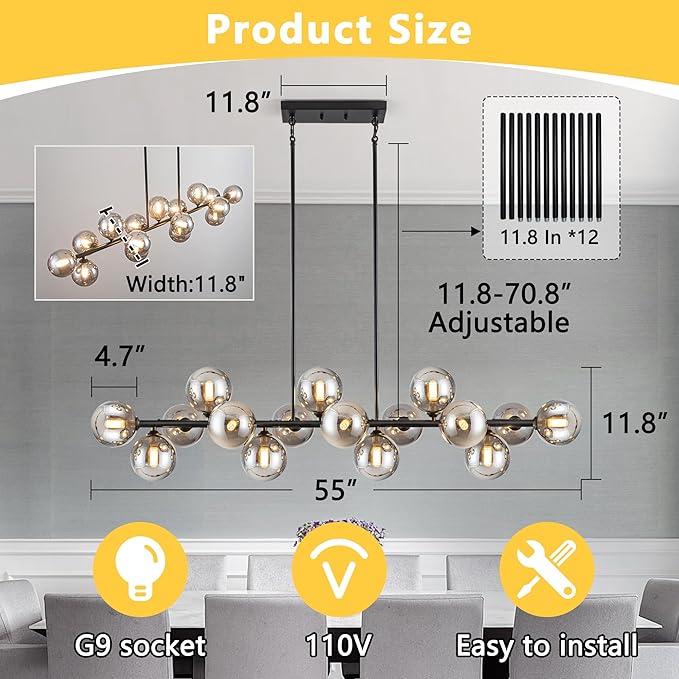 Chandelier,16-Light Large Pendant Lights Kitchen Island Linear Sputnik Chandelier Modern Chandeliers for Dining Room Bubble Gray Globe Island Lights for Kitchen Farmhouse Chandelier 55in