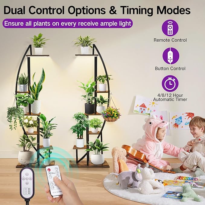 65" Tall Plant Stand Indoor with Grow Lights & Remote Control & Auto Timer, 6 Tier 2 Pack Half-Moon Metal Flower Rack with Full Spectrum Dimmable Light, Display Shelves for Living Room,Patio