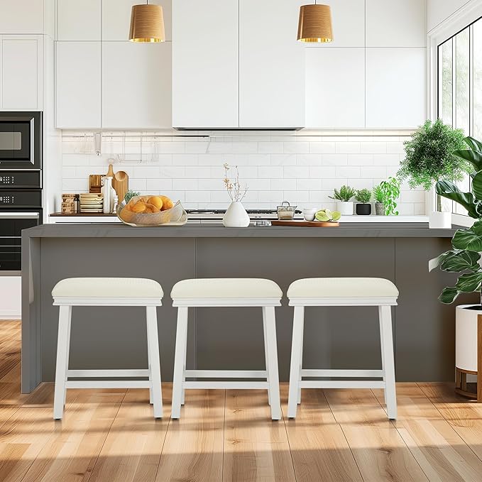 MAISON ARTS White Counter Height 24 inch Bar Stool for Kitchen Counter Solid Wood Leg with Faux Leather Padded Seat Farmhouse Barstool for 34"-38" Counter Island Upholstered Stool