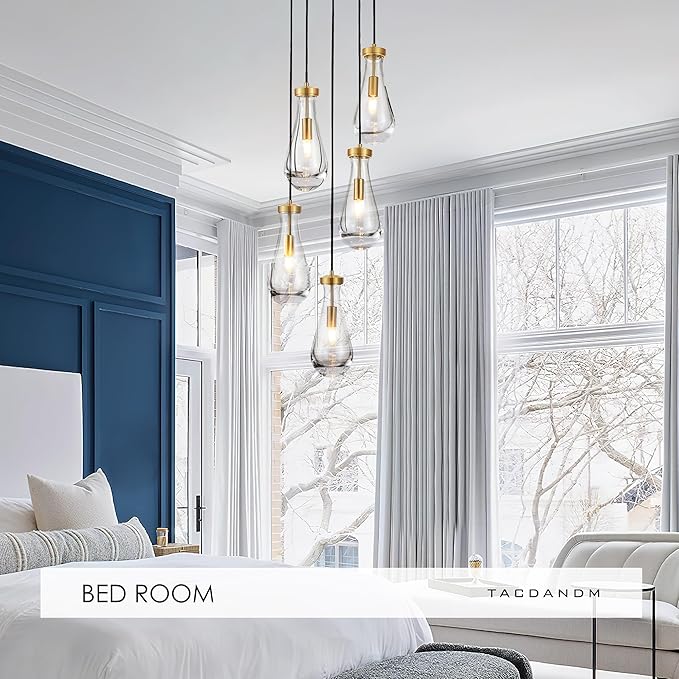 5-Light Raindrop Pendant Light Fixtures, Brass Glass Pendant Lighting, Teardrops Modern Hanging Light for Entryway Foyer Kitchen Island Dining Living Room Hallway