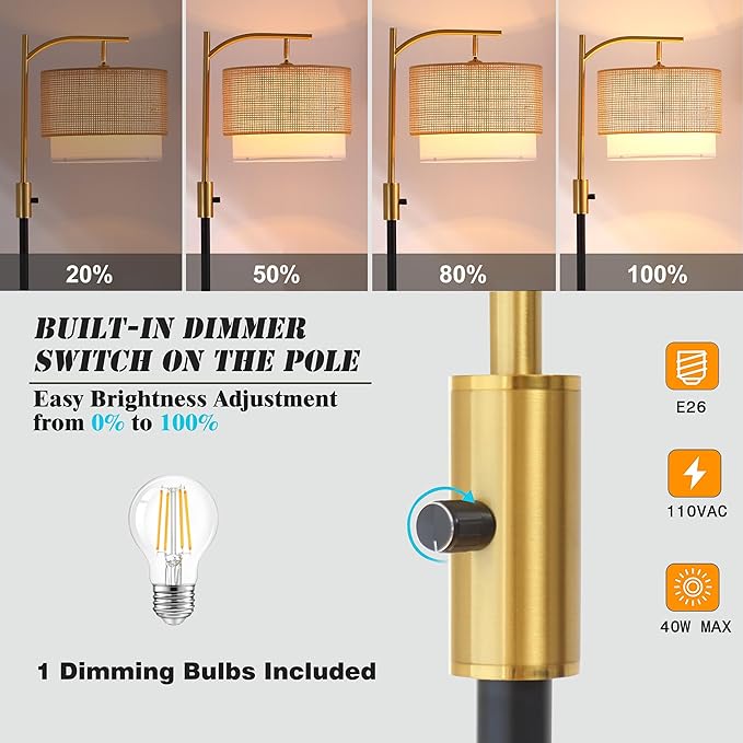 Dimmable Floor Lamp with Table and Marble Base, Arc Floor Lamp with Bulb, Boho Farmhouse Standing lamp with Fabric & Bamboo Shades for Living Room Bedroom