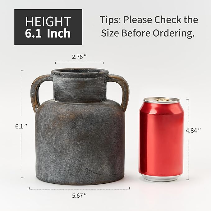 Antique Ceramic Vase with 2 Handles, 6.1 Inch Farmhouse Rustic Flower Vase, Small Vintage Terracotta Vases for Home Decor, Wedding, Living Room, Table, Shelf Decor, Black Bronze