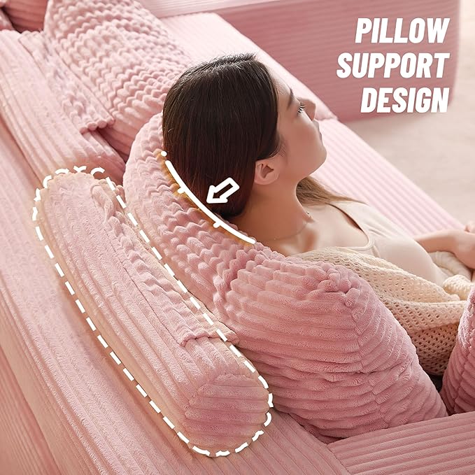 107" Boneless Couch with Deep Seat, Modular Sectional Sofa, Cloud Sectional Couch for Living Room, No Assembly Required, Corduroy, U-Shape 3 Seater Left, Pink