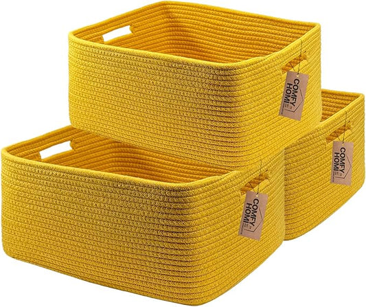 COMFY-HOMI 3 pcs Large Storage Baskets for Shelves, Laundry Basket, Woven Rope Basket, Closet Organizer Bins for Clothes Blanket Towels, Baby Nursery, Gift Toy Baskets, 17” x 13” x 7.5”-yellow