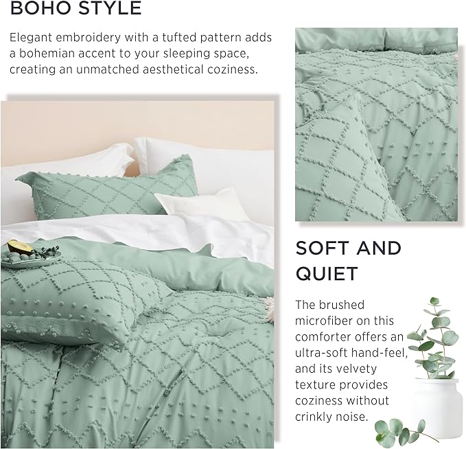 Bedsure California King Comforter Set - Sage Green Comforter, Boho Tufted Shabby Chic Bedding for Kids, 3 Pieces Vintage Farmhouse Bed Set for All Seasons, Fluffy Soft Bedding with 2 Pillow Shams