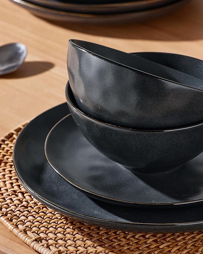 Famiware Dinnerware Sets for 8, Ocean Round 24-Piece Kitchen Plates and Bowls Sets, Microwave and Dishwasher Safe, Scratch Resistant, Matte Black