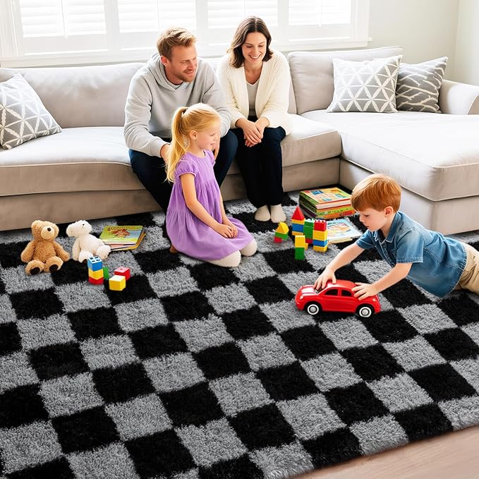 Checkered Rug for Living Room 8x10, Ultra Fluffy Fuzzy Shag Black and Grey Large Area Rug for Bedroom, Modern Plush Soft Upgrade Non-Slip Carpet for Kids Girls and Boys Room Dorm Home Decor