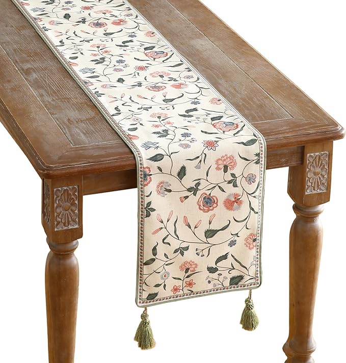 ISAENNE Designer Chinoiserie Elegant Linen Floral Table Runner 102 Inches Long,White Wrinkle Resistant Table Runners for Dining Tables,Thanksgiving,Kitchen Tables,Christmas,12"*102"-Daffy A