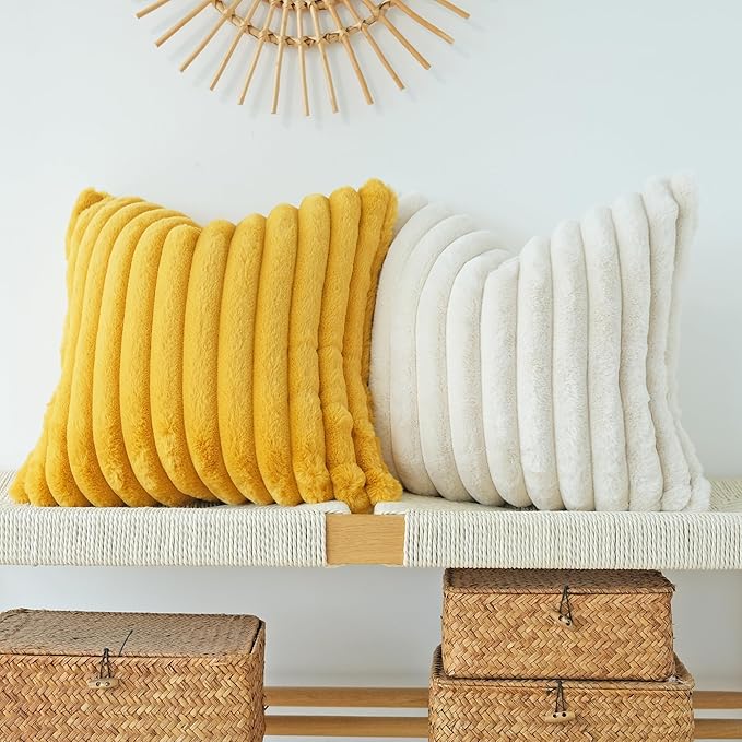 JOJUSIS Pack of 2 Faux Fur Plush Decorative Throw Pillow Covers Couch Cushion Case Soft Pillowcases (Mustard Yellow, 18 x 18-Inch)