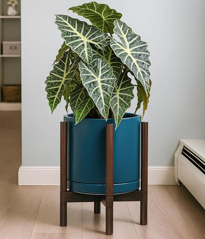 D'vine Dev Ceramic Planter with Walnut Color Stand - 12 Inch Modern Round Flower Pot with Wood Planter Holder, Teal, 55-B-W-4