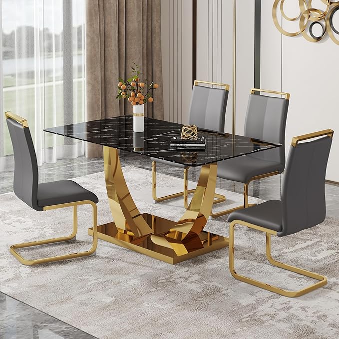 63” Dining Room Table Set for 4,Modern Gold Dining Table Set for 4, Rectangle kitchen Table Set With PU Leather Chairs,Black Faux Marble Dinner Table Set with Tempered Glass Top and Golden Base