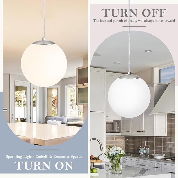 KoKo&Yukina 8 Inch Globe Pendant Light Nickel Globe Pendant Lights Kitchen Island Mid Century Light Fixture with Milky White Glass Shade Adjustable Lights for Dining Room