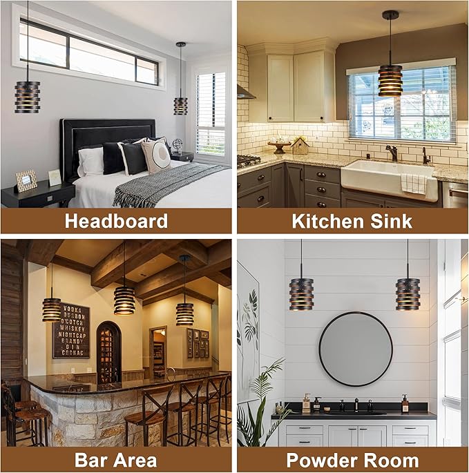 Modern Farmhouse Pendant Lights Kitchen Island, Industrial Multiple Rings Hanging Pendant Light Fixtures for Sink Bar Entrance Bathroom Hallway, Black with Gold Interior