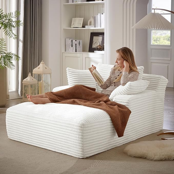 Boneless Couch Sofa Chiar Chaise Lounge Chair Indoor Upholstered Corduroy Couch Cloud Sleeper Sofa Oversized Reading Chair for Living Room No Assembly Required (White, 50" W x 67" D)