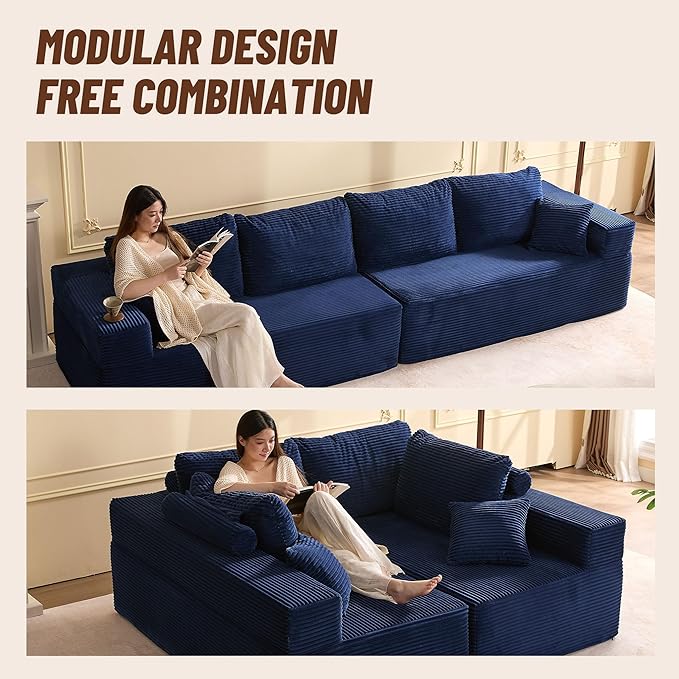 138" Modular Sofa Memory Foam Sectional Couches for Living Room, Sleeper Sofa Bed, Corduroy, Blue