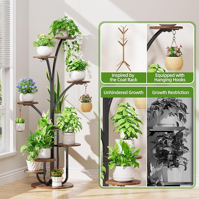 Plant Stand Indoor with Grow Lights, 8 Tier Tall Display Shelf for Cute Indoor Plants, 60" Tree-Shape Display Rack, Corner Plant Flower Pot Holder for Living Room, Patio, Balcony, Home Decor