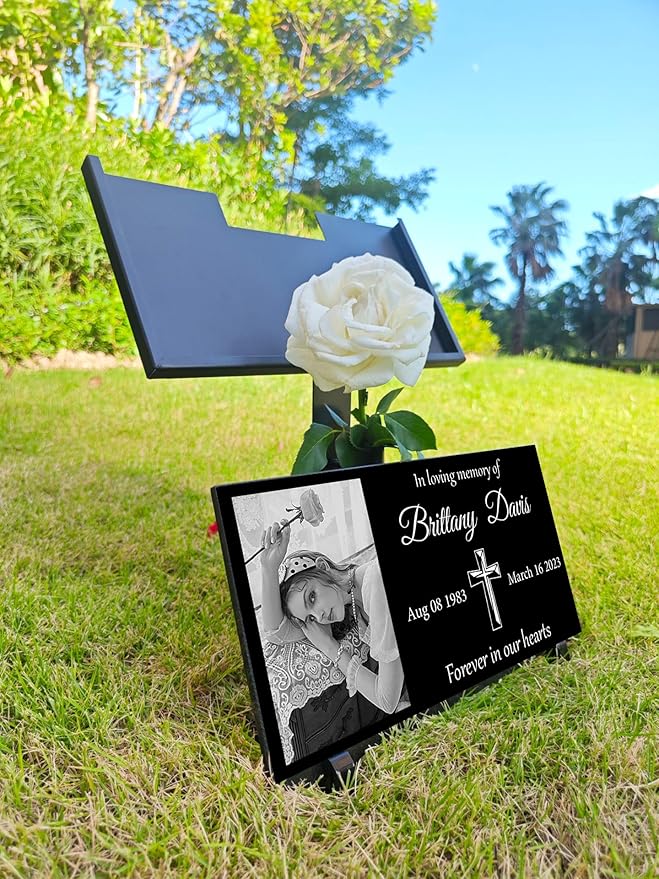 Personalized Headstone with Photo, Memorial Stone, Headstones for Graves, Grave Markers, Black Granite Garden Stone, Memorial Plaques for Outdoor, Grave Decoration for Cemetery (Picture left)