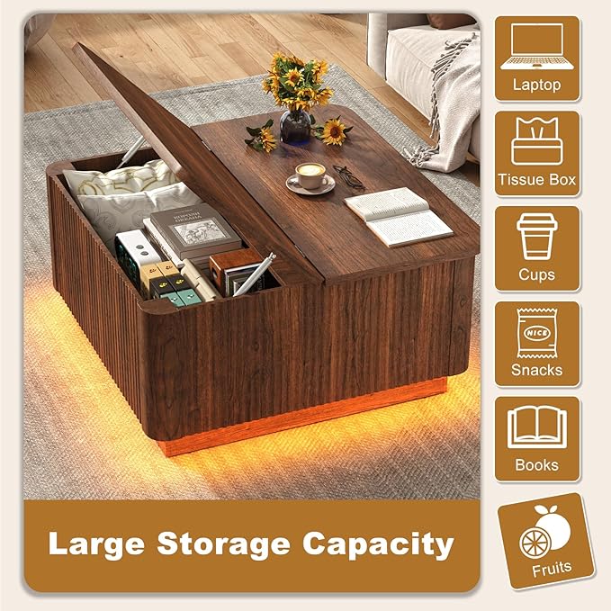 Lift Top Coffee Table with Storage,Wood Square Coffee Tables W/6000-Colors Lighting,Multi-Function Groove Texture Center Table W/Large Hidden Space for Living Room,Bedroom,Home,Office(Walnut)