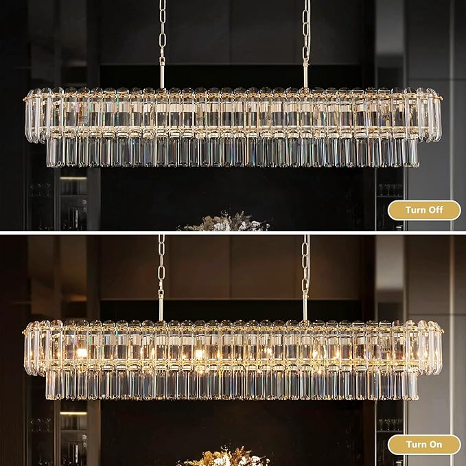 L50in Gold Crystal Chandeliers 20-Light Modern Chandeliers for Dining Room Large Rectangle Luxury Pendant Light Fixture for Kitchen Island,Entryway,Living Room