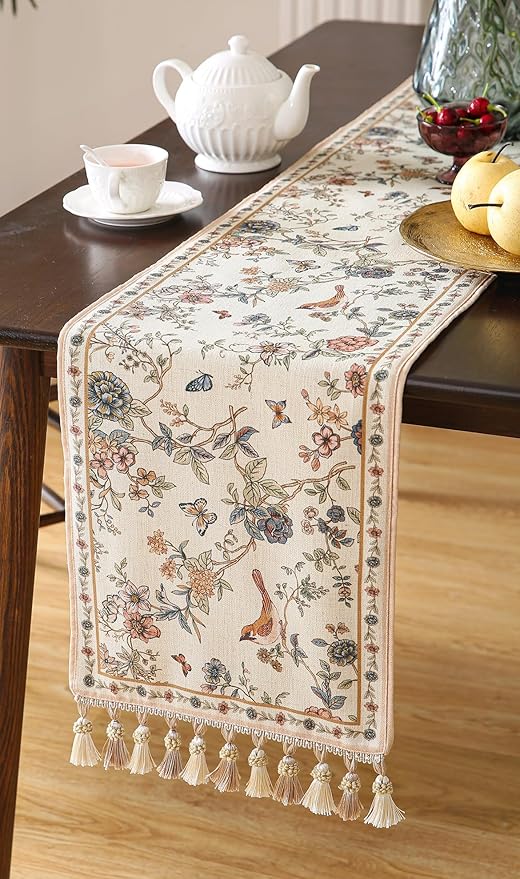 ISAENNE Designer Linen Table Runner 87 Inches Long,Elegant Floral Bird Pattern Table Runners for Dining Room,Farmhouse Rustic Kitchen Decor,Thanksgiving,Christmas,12"*87"-Cornucopia