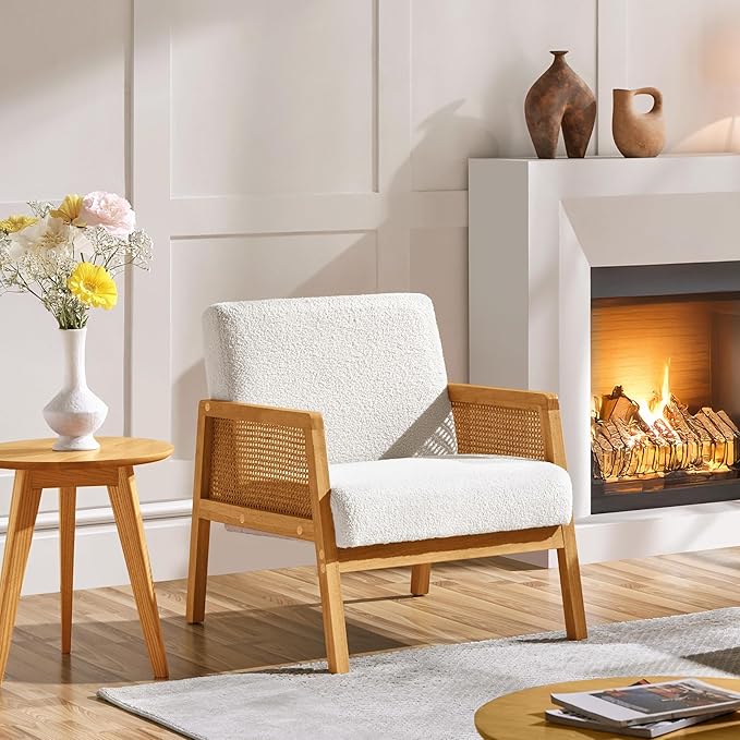 Yaheetech Boucle Fabric Accent Chair, Vintage Rattan Vanity Chair with Wood Armrest and Legs for Living Room Bedroom Makeup Room, Ivory 1