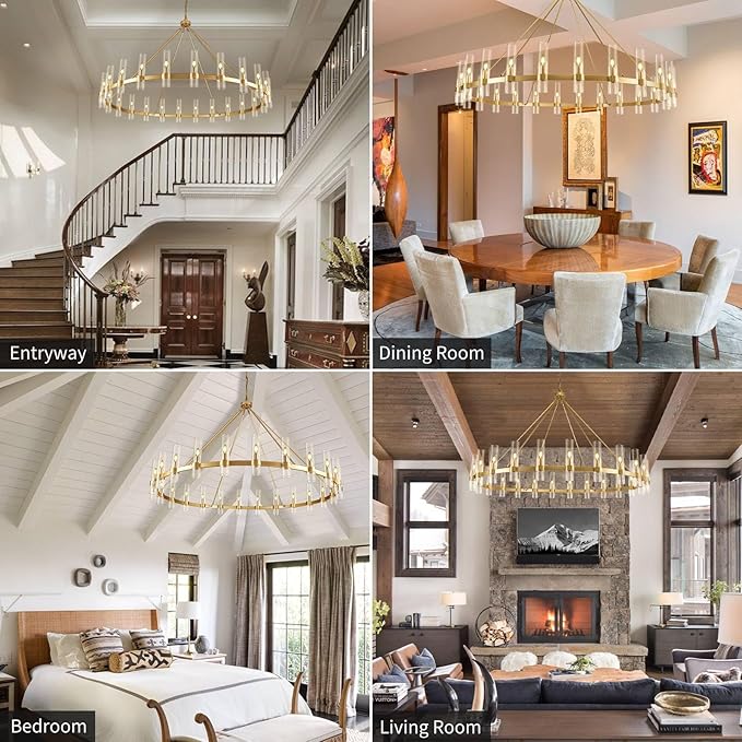 Gold Wagon Wheel Chandelier, 70 Inch Glass Chandeliers, 24 Light Chandelier for High Ceiling, Modern Farmhouse Chandeliers for Living Room, Dining Room, Entryway, Stairwell(Bulbs Included)