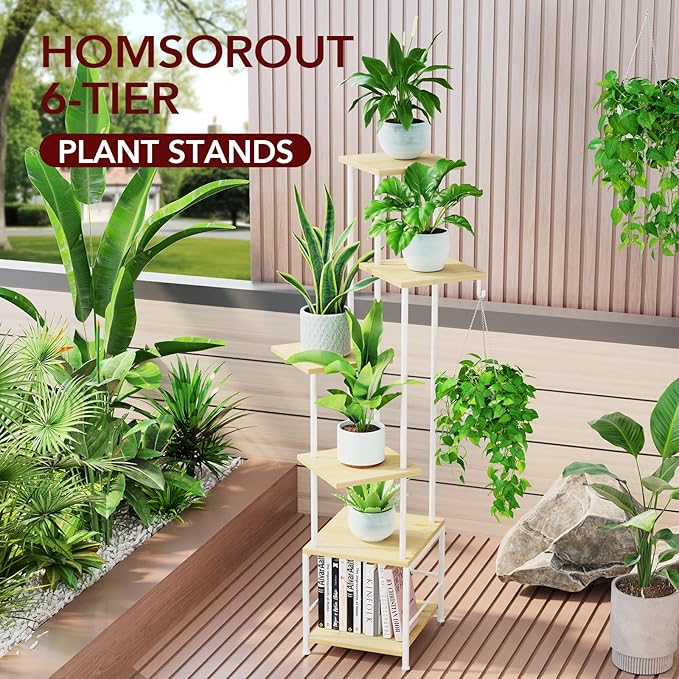 Plant Stand Indoor with Grow Light, 6-Tiered Tall Plant Stand Indoor, Metal Plant Shelf with Hanging Basket Hook and Adjustable Light, Ideal for Living Room, Garden, Patio, （Maple）