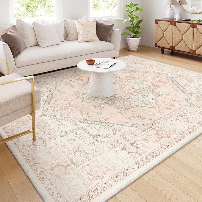LIVEBOX Pink Area Rug 8x10 - Large Oriental Floral Living Room Rugs Accent Rug for Bedroom, Non-Slip Retro Medallion Carpet Print Distressed Rugs for Dining Room Office (Pink/Peach)
