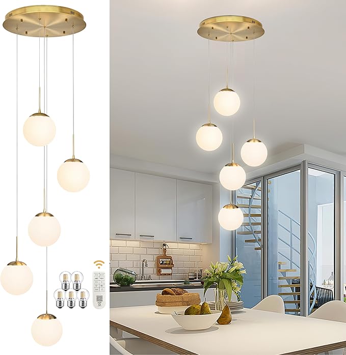 KoKo&Yukina 5-Light Globe Glass Pendant Light Adjustable Length Pendant Lights Fixtures Modern Gold Chandelier with Milky White Glass Ceiling Lights for Foyer Hallway Bedroom (Bulb & Remote Incl.)