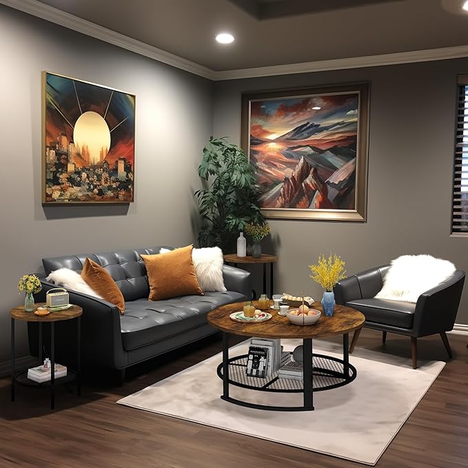 Recaceik Round Coffee Table and End Table Set of 3 with Storage, Modern Vintage Dark Brown Coffee Table and Side Table for Living Room, Office, Apartment, Small Space