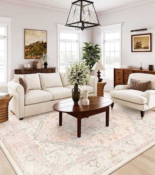 LIVEBOX Washable 9x12 Area Rug, Large Rugs for Living Room Boho Soft Non-Slip Rugs, Pink Low-Pile Vintage Medallion Rug, Retro Non-Shedding Indoor Carpet for Dining Room Bedroom Office