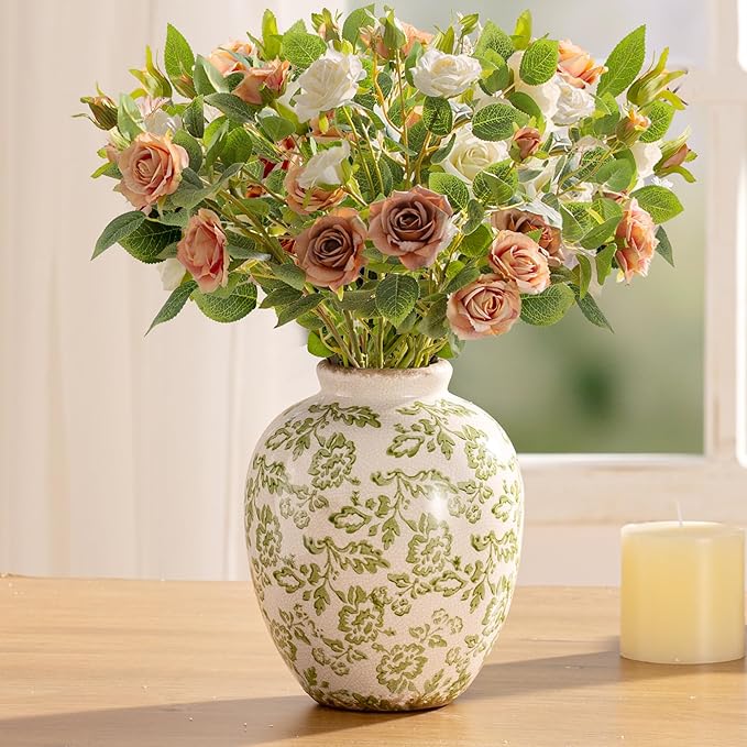 Ceramic Vintage Vase, Green Flower Decorative Vase Chinoiserie Decor Rustic Farmhouse Retro Floral Vases for Table Bookshelf Mantel Kitchen Living Room Office- 7.8inch