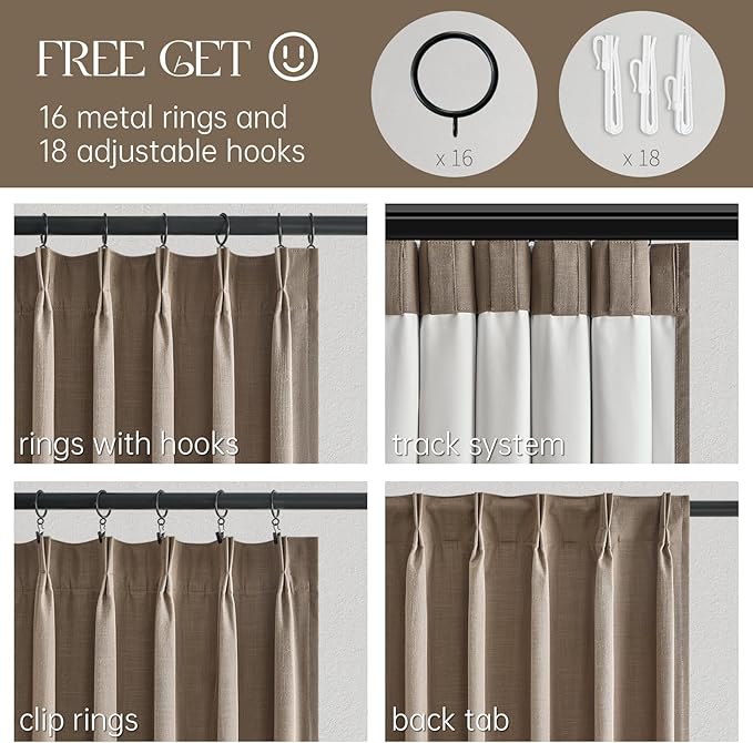 Topfinel Greige 90 Inches Long Blackout Natural Linen Curtains for Bedroom, Chocolate Brown Pinch Pleat Sound Blocking Curtains, Neutral Farmhouse Lined Drapes 2 Panels for Living Room Sliding Door
