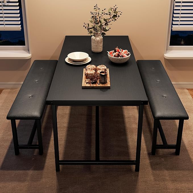 GarveeHome Dining Table Set for 4, Kitchen Table with 2 Upholstered Benches, Wood Kitchen Dining Room Set, for Small Space, Apartment, Home, Dinner, Retro Black