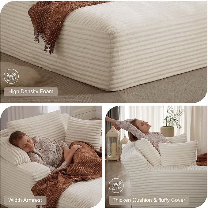 GNIXUU Oversized Chaise Lounge Chair Indoor, Comfy Corduroy Boneless Couch Reading Chair with 3 Pillows, Plush Memory Foam Sleeper Chair Lounge Sofa Bed for Living Room, Beige, No Assembly Required