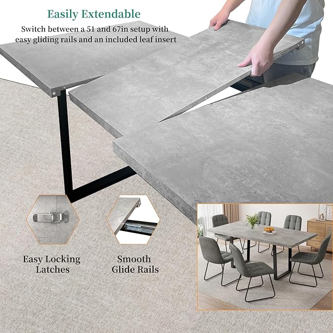 ZckyCine 51''-67'' Modern Extendable Dining Table Set, Rectangular Wood Table with 6 PU Leather Chairs, Space-Saving Design, Adjustable Length, Comfortable Seating for 6 People, Ideal for Dining Room