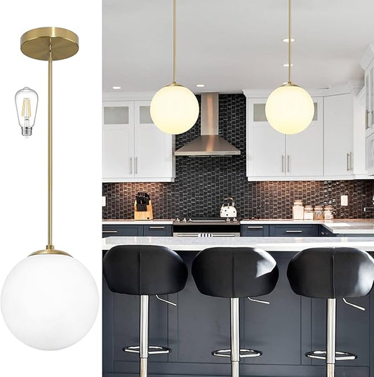 10 Inch Globe Pendant Light Gold Mid Century Pendant Light Contemporary Globe Pendant Lights Adjustable Hanging Light Fixture Milk Glass with Brass Finish for Dining Room Kitchen Island