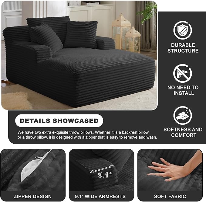 Boneless Couch Sofa Chiar Chaise Lounge Chair Indoor Upholstered Corduroy Couch Cloud Sleeper Sofa Oversized Reading Chair for Living Room No Assembly Required (Black, 50" W x 80" D)
