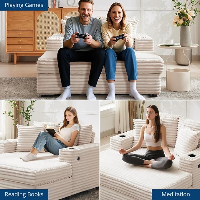 GarveeHome Oversized Chaise Lounge Chair Indoor, Comfy Corduroy Lounge Sofa with Charging Station, Cup Holders & Throw Pillows, Cozy Sleeper Couch for Living Room Apartments, Beige