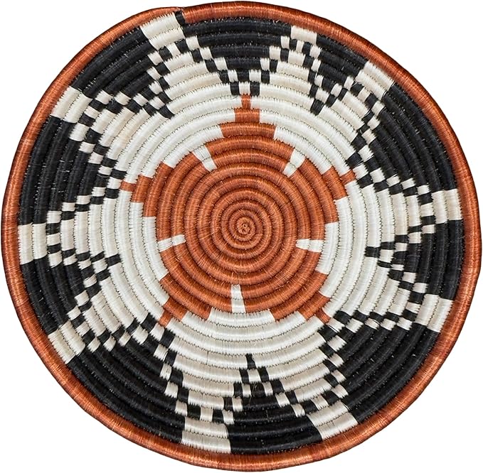 Handwoven African Basket Handmade sisal Fruit Bowl Wall Hanging decorative Baskets for Home Living Room Kitchen Centerpiece Zen Designs Arts and Crafts (Red Black Natural, 10in diameter)