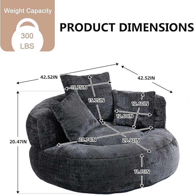 42'' Oversized Round Chair, Single Lounge Chaise Upholstered Sofa Bed with Deep Seat, Chenille Bean Bag Chiar with Pillows for Living Room, Bedroom, Apartment, Reading, No Assembly (Black)