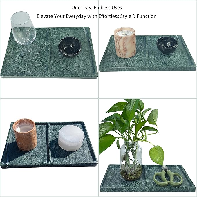 11.81"x7.87" Marble Decorative Tray with 2 Compartments – Catchall Organizer for Jewelry, Soap, Cosmetics – Polished Green Stone Vanity Tray for Bathroom, Dresser, Entryway, Office Decor